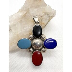 Vintage Taxco Sterling Silver Pendant TS-85 Mexican Modernist Multicolor 25g